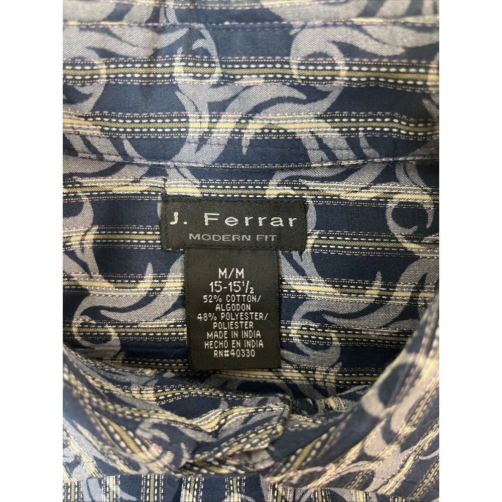 J. Ferrar Men’s Modern Fit Navy & Beige Pattern Button-Up Shirt | Size M 15–15.5 - Picture 4 of 5